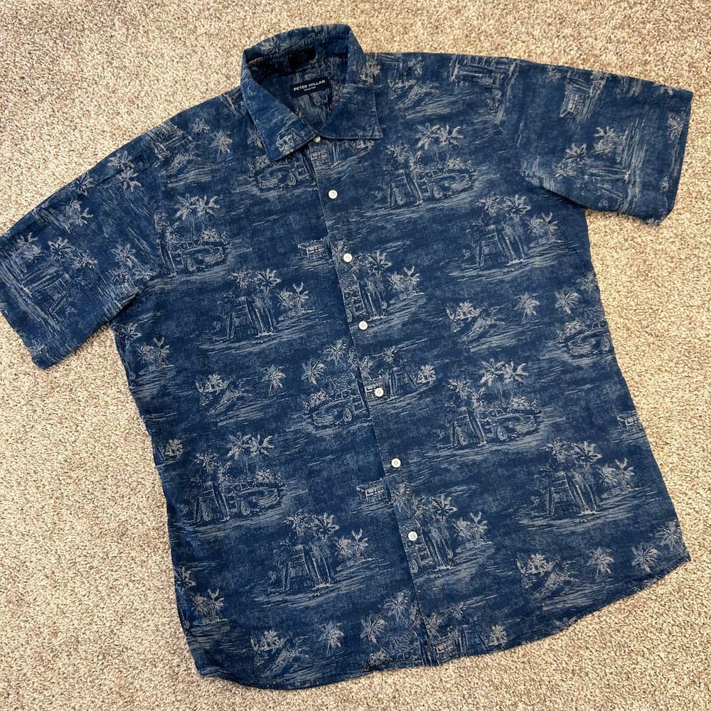 Peter Millar Hawaiian Beach Button Shirt Men Size Large AOP‎ Cotton Surfboard